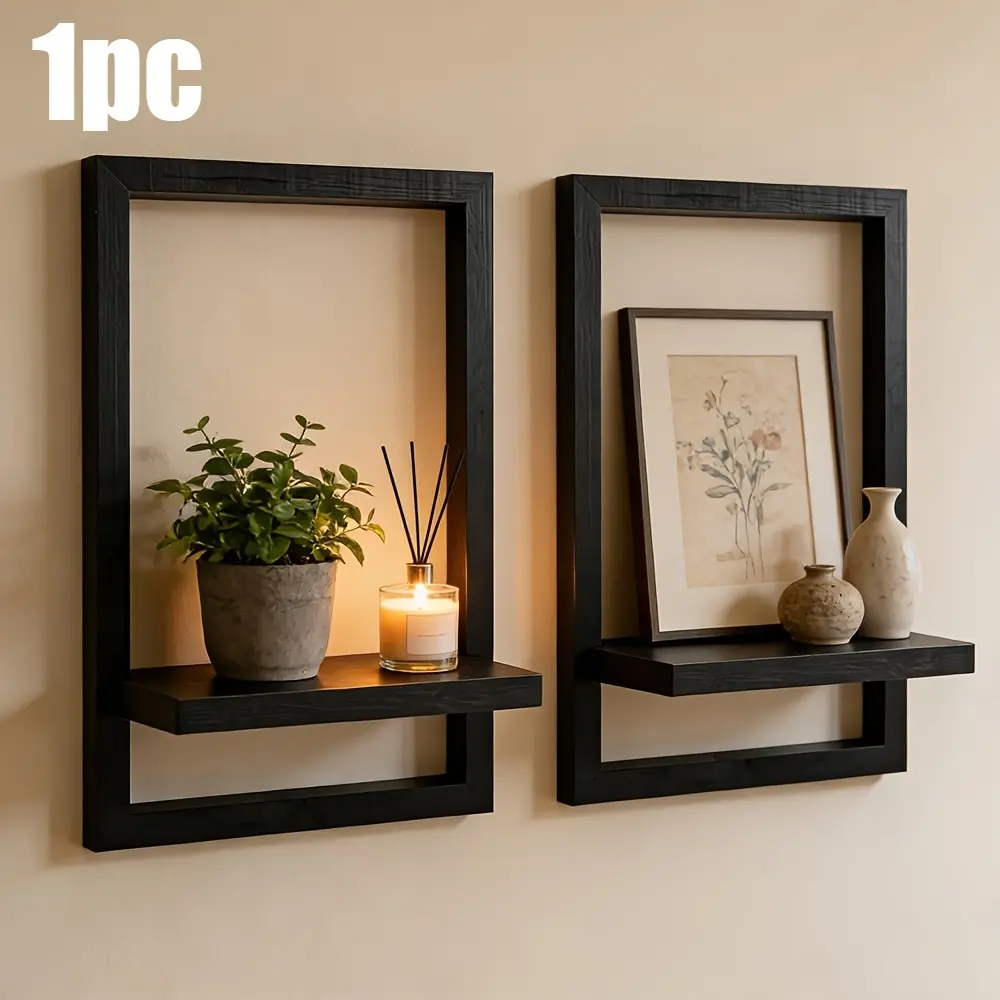 1pc Black Frame Floating Wall Shelf, Wall Mount Display Rack For Plants Candles Photo Vases, Modern Home Wall Decoration Items Storage Organizer