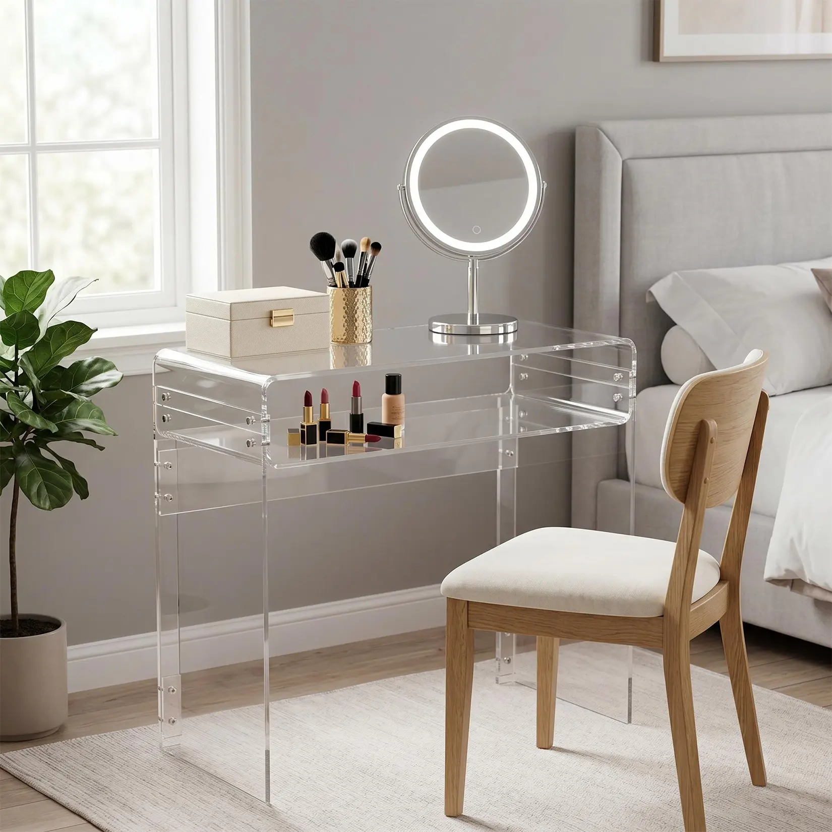 33.5 Inch Clear Acrylic Desk with Storage Shelf Modern Transparent Computer Table Thick Lucite Study Workstation for Bedroom Home Office Dorm