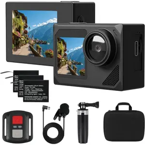 SVGo2 4K Action Camera Travel Kit with Selfie Stick Tripod,   Screen Vlogging Camera with 3X 1350mAh , 6-Axis EIS Stabilization,Backpack Clip & Case for Outdoor