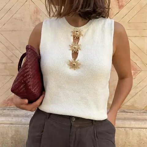 Women's Round Neck Plain Slim Fit Lightweight Knitted Vest with Sun-Embossed Metal Buttons, an Everyday Boho Casual Style Sleeveless Top for Comfortable & Stylish Daily Wear, Sleeveless Knitted Vests