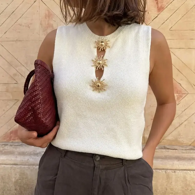 Women's Round Neck Plain Slim Fit Lightweight Knitted Vest with Sun-Embossed Metal Buttons, an Everyday Boho Casual Style Sleeveless Top for Comfortable & Stylish Daily Wear, Sleeveless Knitted Vests
