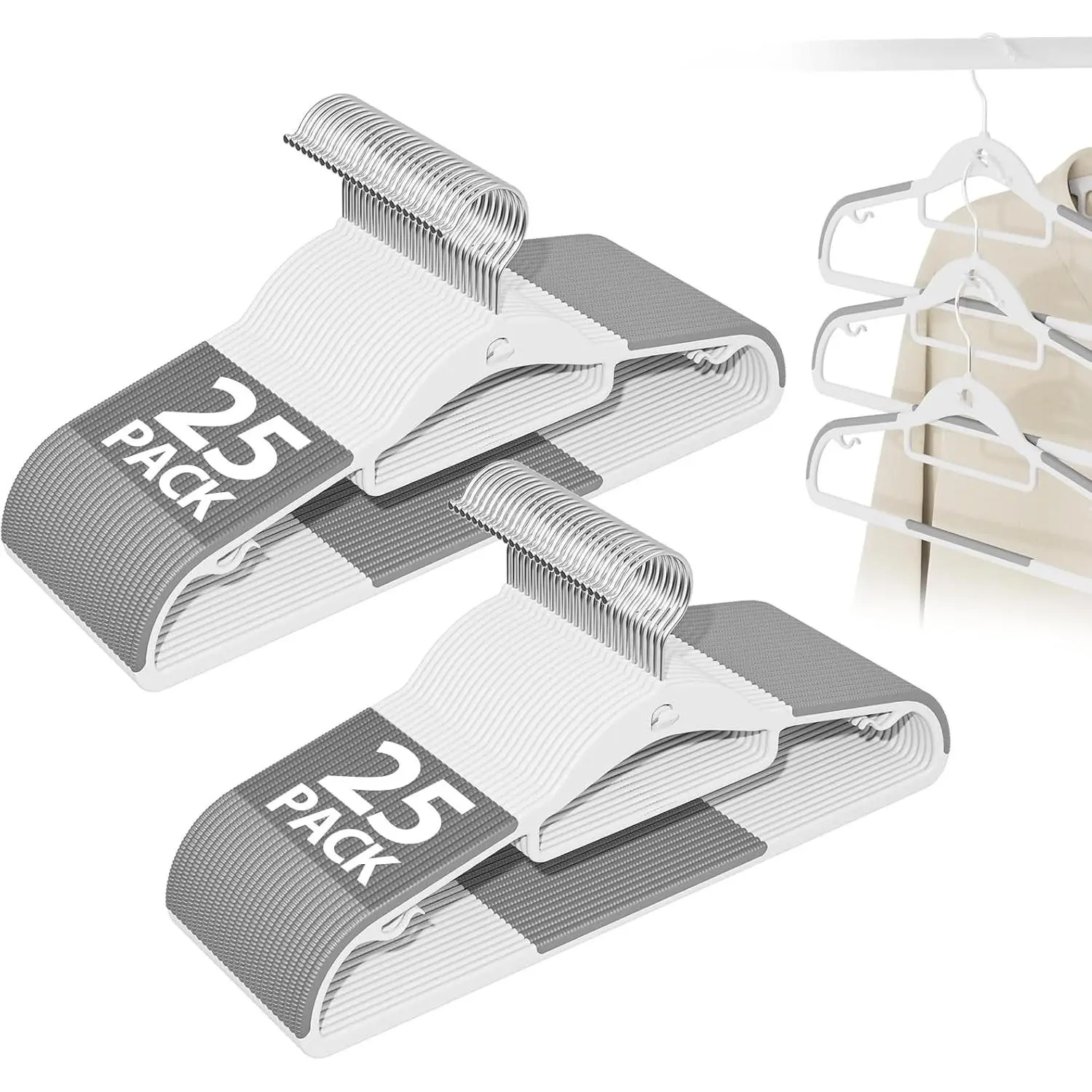 Plastic Hangers 50 Pack, Stackable Slim Space Saving Hangers with Non-Slip Pads, 360° Swivel Hook, Cascading Strip for Vertical Storage, Closet Organizer for Shirt, Suit, Skirt, Coat - Gray