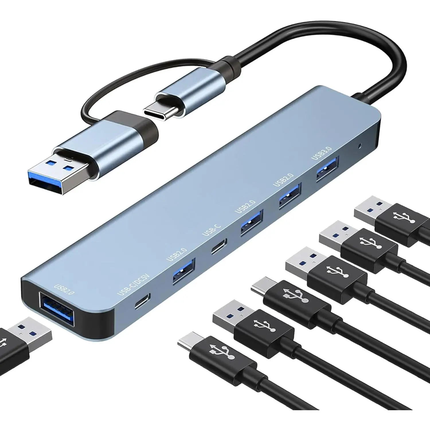 USB Hub 3.0,USB c hub,USB hub with Multiport Adapter, USB Splitter with 1xUSB 3.0,4xUSB2.0,2 x USB C,Hub for MacBook Pro/PC/Laptop/Tablet Devices (Grey 7in1)