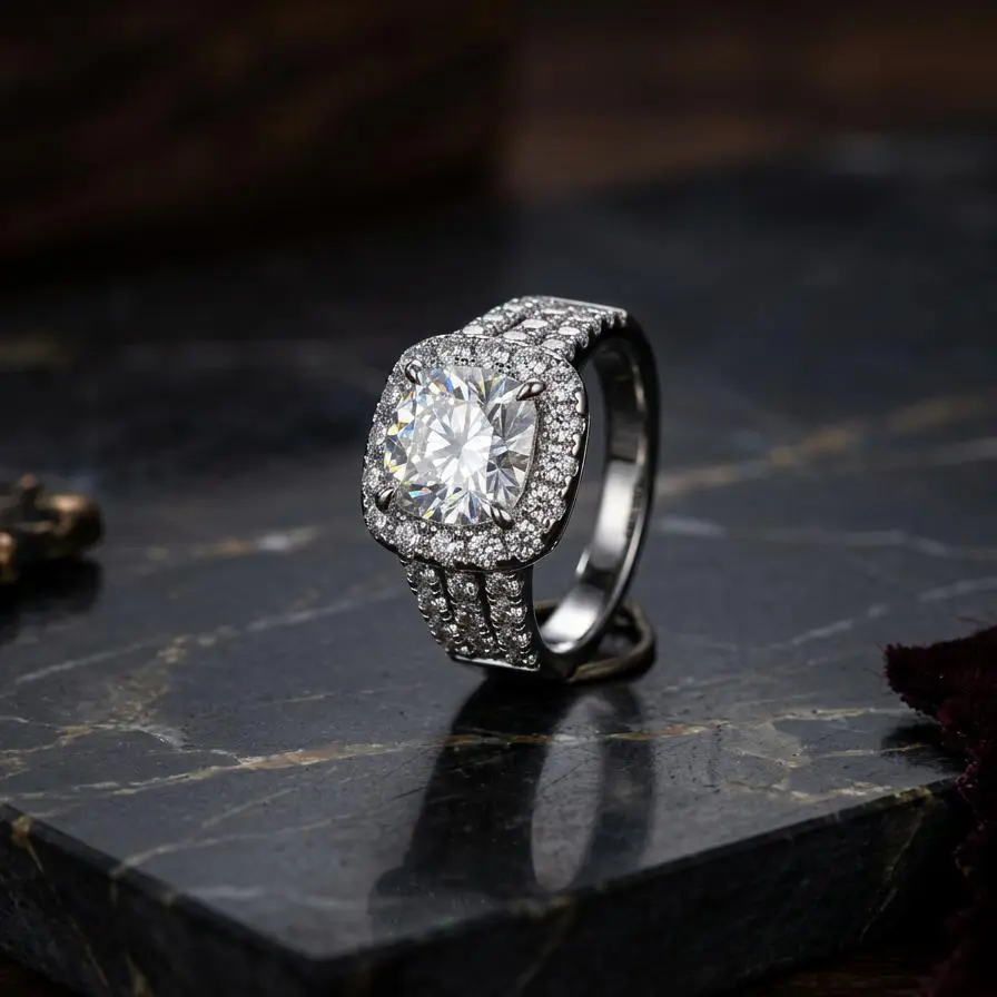 4 Prong Cushion Brilliant Moissanite Engagement Ring Double Surround Halo Triple Full Pave Side Shank Silver Plated Alloy Wide Stackable Wedding Promise Band Unisex Elegant Fine Jewelry US Ring Sizes 6-13