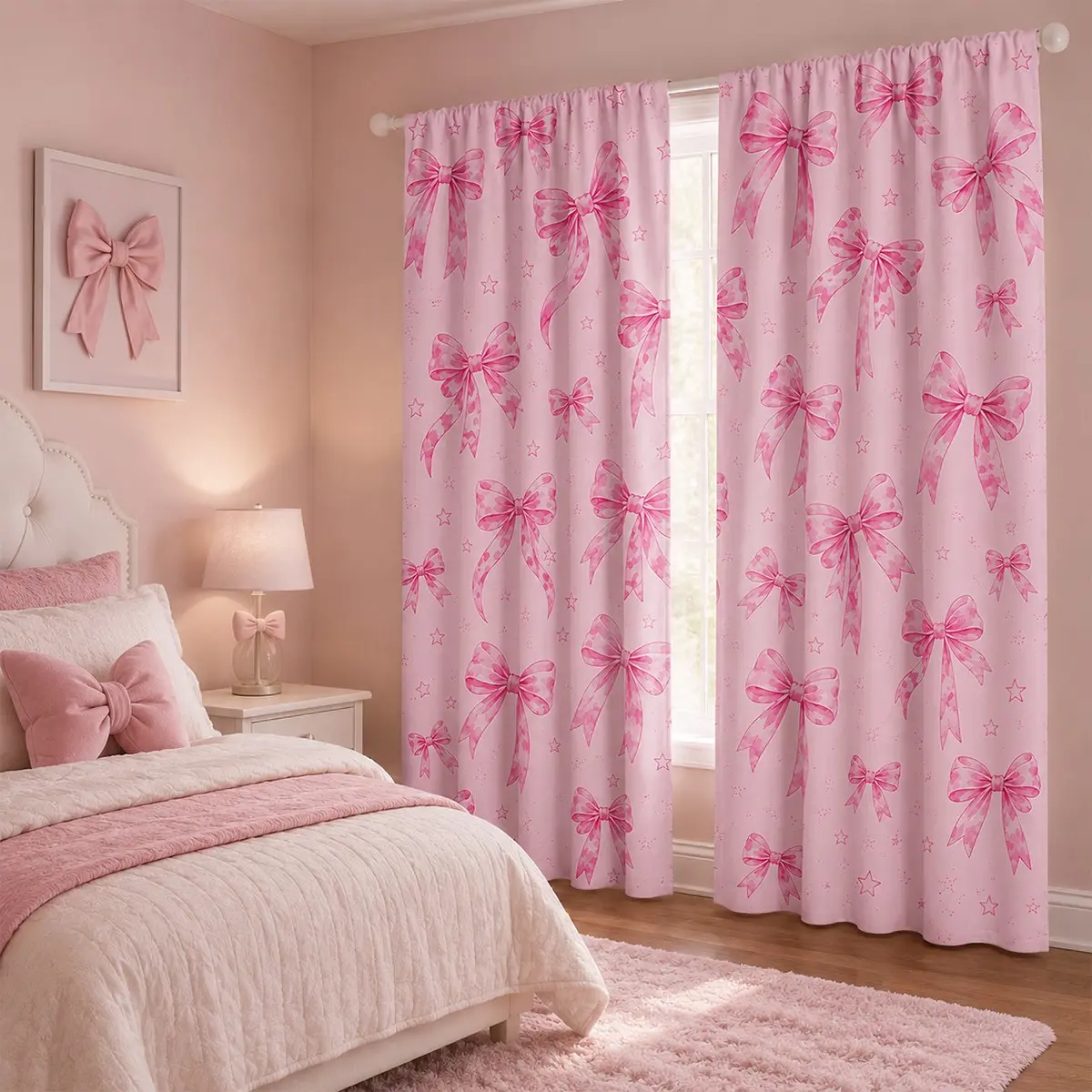 2-piece set, pink bow girl style printed curtains, pole bag polyester bedroom curtains, sweet and romantic home decoration, living room bay window decoration, Window Drapes, room soft furniture, curtain textiles