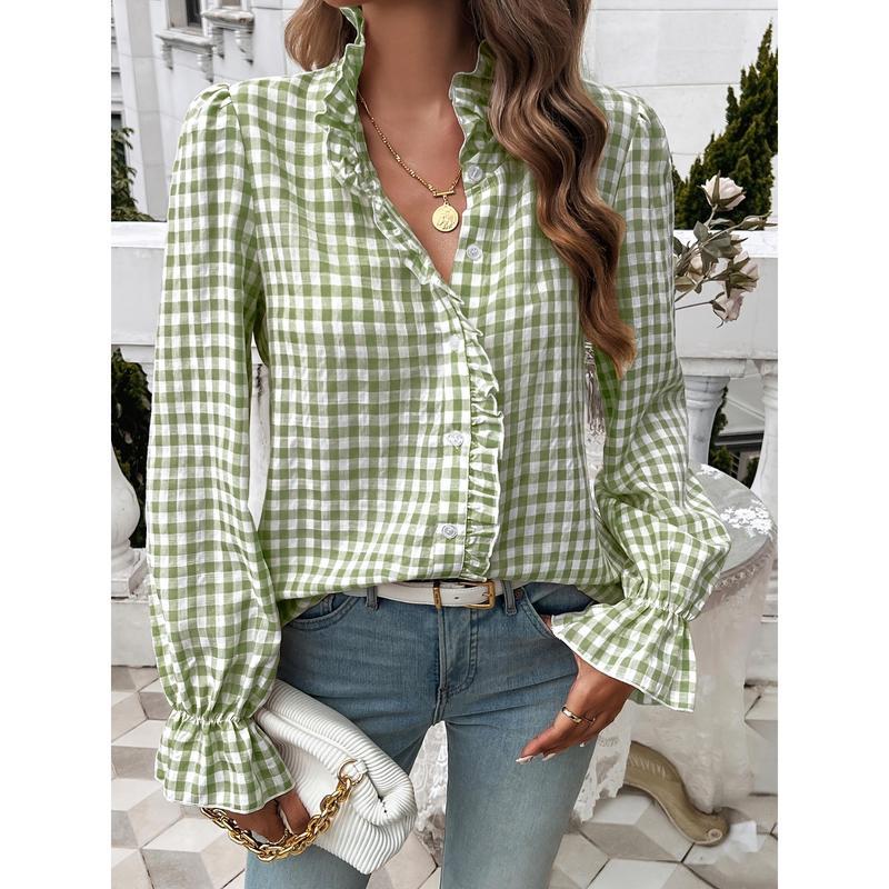 [ Gingham Shirt] Women's Stylish Long Sleeve Gingham Button-Shirt - Light Blue & White Checkered Pattern, Ruffle Detail, Professional Business Look, Machine Washable Cute Fabric