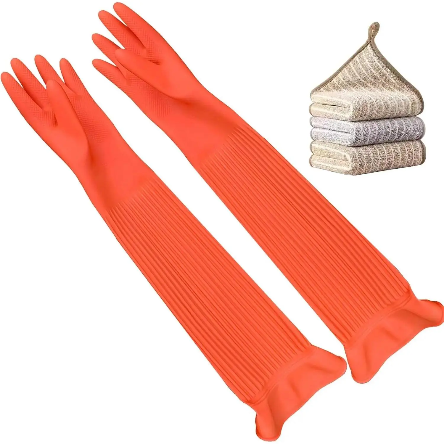 3 Pairs Household Extra Long Kitchen Gloves for Washing Dishes 20.05inches Rubber Cleaning Gloves Reusable Latex Living Wash Gloves Long Sleeves(Medium, Red)
