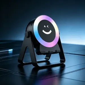 Smart Wireless Induction Smile Bluetooth Speaker Phone Stand with RGB Light, 4 in 1 Speaker Stand Featuring Colorful Ambient Light Design, 360° Adjustable Phone & Tablet Desk Holder, Home Office Electronic Accessories for Relaxing Ambience`