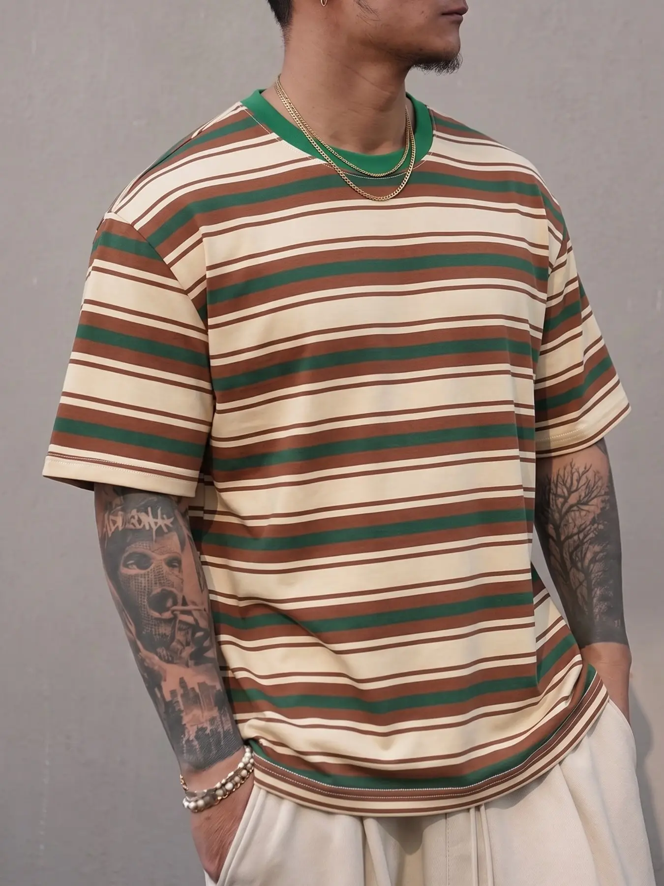 Men's Vintage Striped Short Sleeve T-Shirt, Loose-Fitting Long Tee, Casual Plain Surface, Unlined, 88.2 G/m² Weight