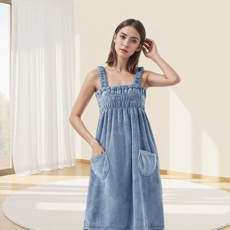 Wearable Bath Towel & Hair Dryer Hat Set, Coral Fleece Shower Skirt, Absorbent Robe with Pockets, Must-Have Bathroom Accessories, Super Absorbent Towel