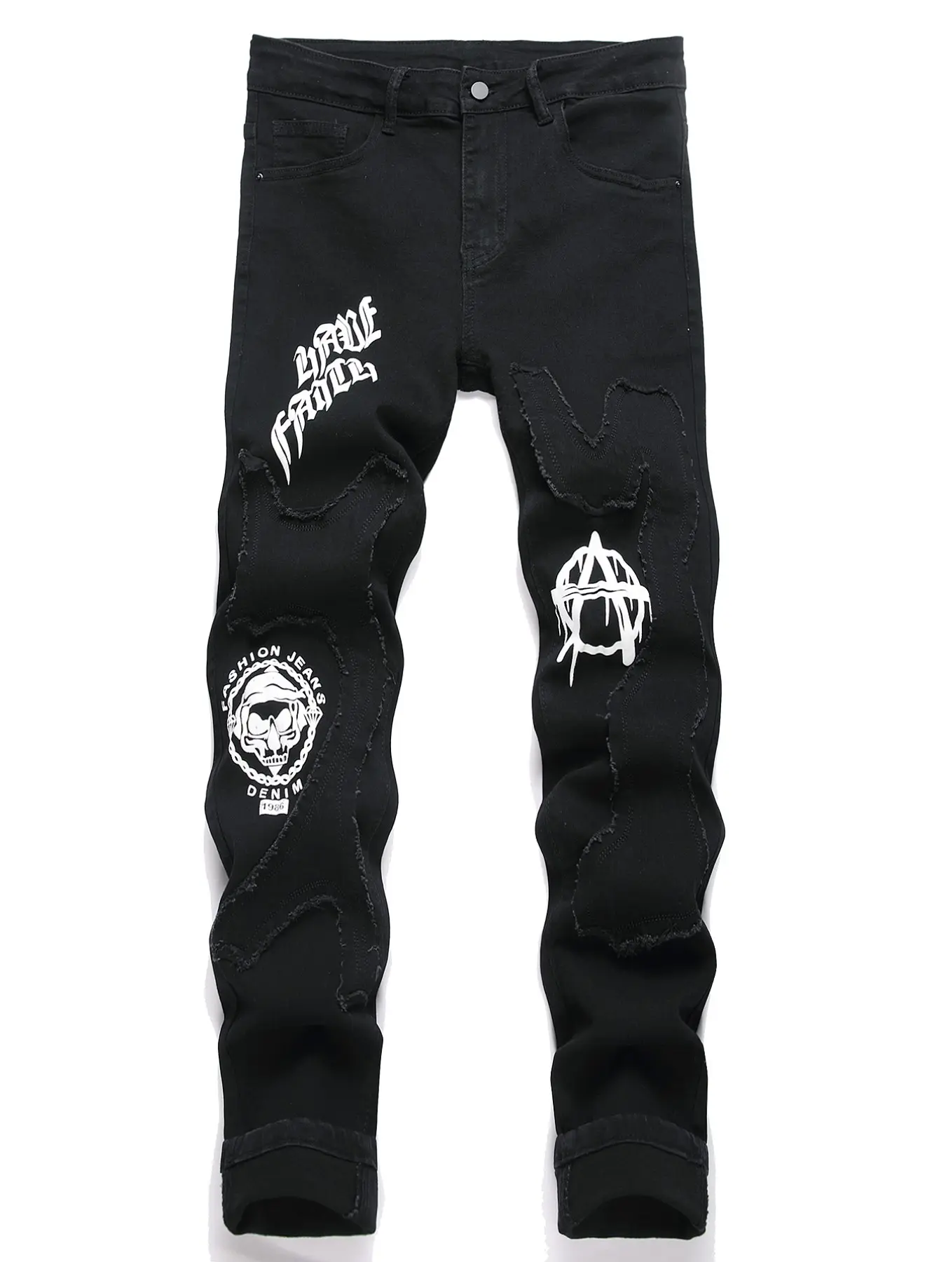 Men's Vintage Patchwork Frayed Hole Jeans, Letter Print Graffiti Micro-Rise, American High Street Fashion Long Pants, Casual Street Style