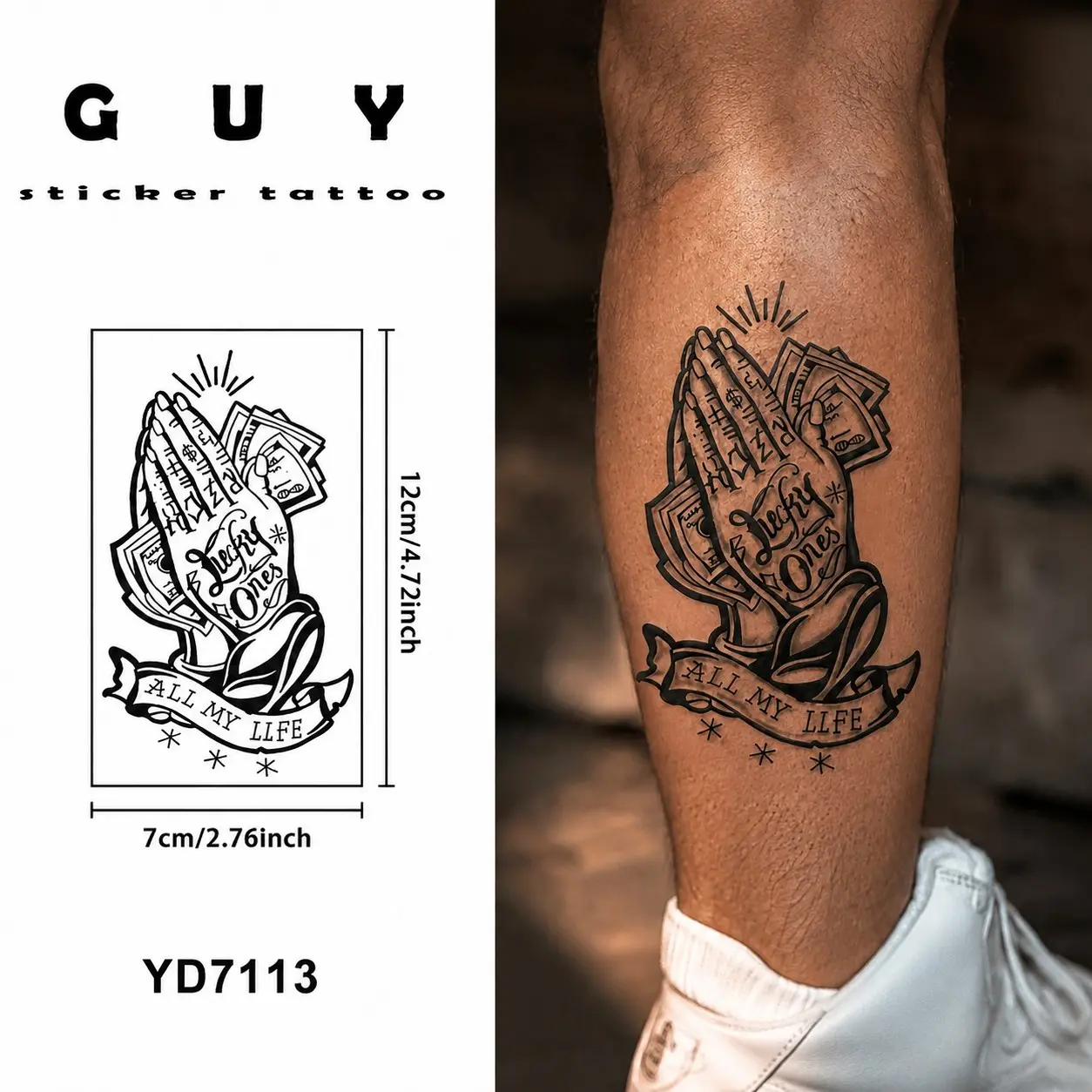 American Prayer Hand Temporary Tattoo Sticker, Waterproof Retro Design, Lucky Money Ribbon, Men's Street Style, Arm & Calf, Temporary Tattoos Stickers