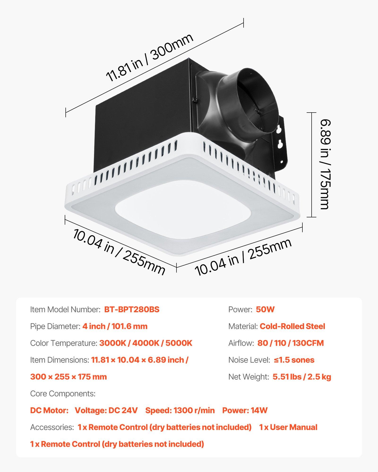 VEVOR Bathroom Exhaust Fan, 80-110-130 CFM Bathroom Vent with Seven Colors RGB Lights, 1.5 Sones Low-Noise, Premium DC Motor Ceiling Fan for KTV Laundry Room, Storage Room, Ventilation, White