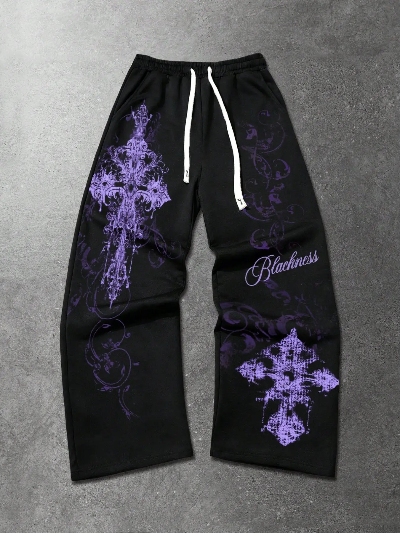 Men's Black Gothic Graphic Sweatpants, Casual Trouser Sweatpants, Baggy Wide Leg Drawstring Pants with Purple Cross and Vine Prints, Retro Y2K Streetwear Joggers for Casual Outings, Skater Looks, Music Festivals, Parties, Hip Hop Styling