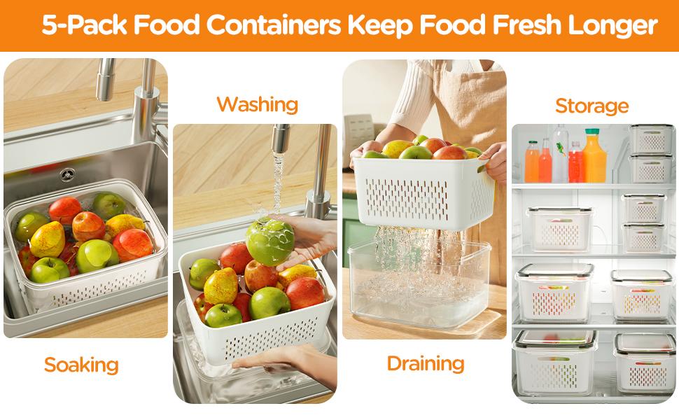 5 Pack Fridge Organizers and Storage - Stackable Fruit Storage Containers for Fridge with Removable Colander, BPA-Free Food Storage Container for Salad Berry Lettuce Vegetables Meat Keeper Fresh 5 Pack Fridge Organizers and Storage - Stackable Fruit Storage Containers for Fridge with Removable Colander, BPA-Free Food Storage Container for Salad Berry Lettuce Vegetables Meat Keeper Fresh