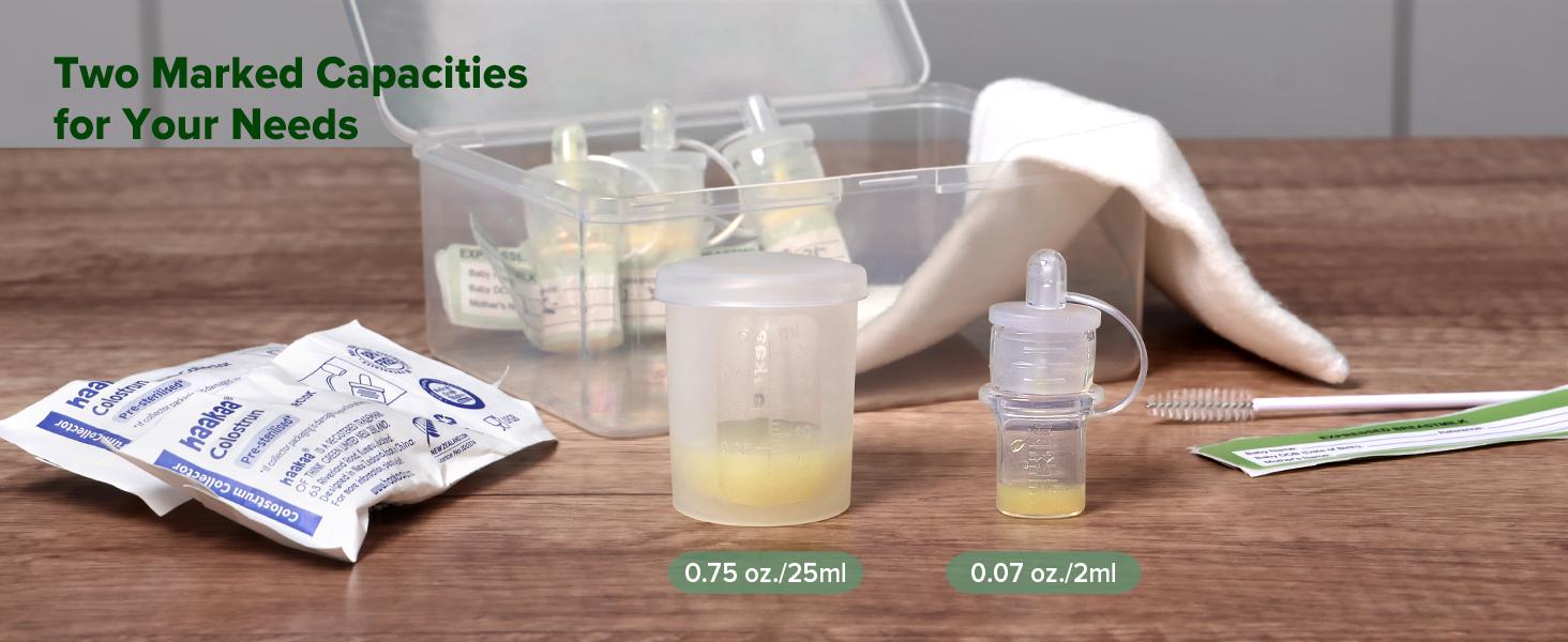 Colostrum Collector Kit 2ml/6pcs & Lidded Feeding Cup 25ml - Collect, Store & Feed Colostrum Ready-to-Use Pack, Reusable Colostrum Syringes Set for Liquid Gold