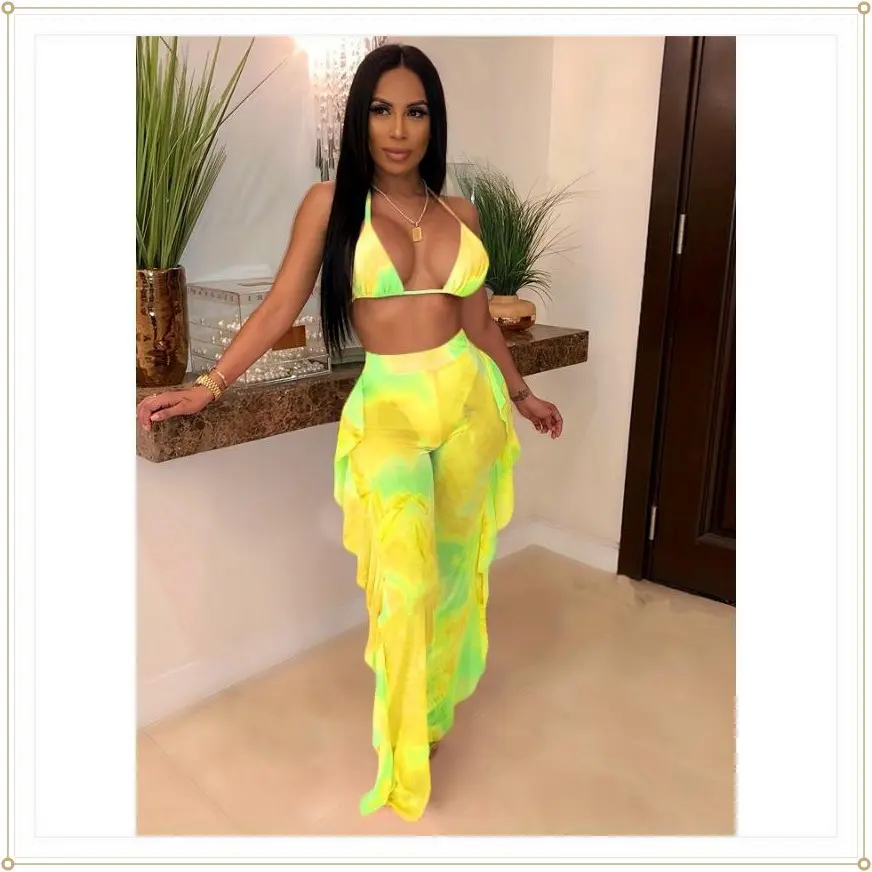 Trendy Two Set - Crop Halter Top with Adjustable Straps & Fringe Hem Pants - Sexy Tie Dye Print, Matching Outfit for Women, Comfortable and Stylish Clothing vacation wear