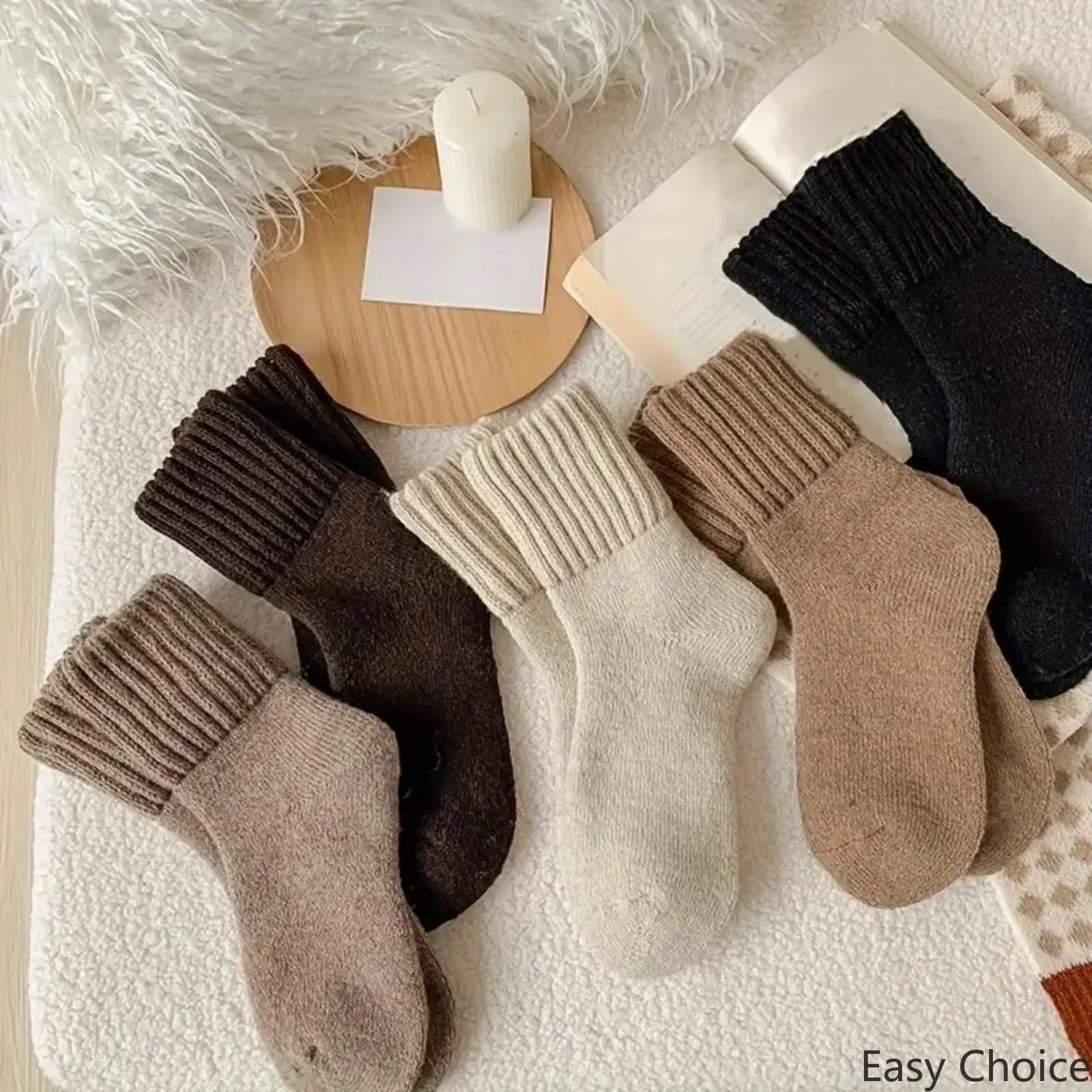 Women's 5‑Pack Ultra‑Thick Terry Cloth Ankle Thermal Socks, Mix‑Color Neutral Tones Winter Socks with Ribbed Cuff, Soft Warm Socks for Cold Weather Indoor & Outdoor Everyday Wear
