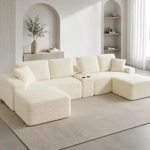 Oversized Sectional Sofa 150'' Cloud Couch L-Shape with Cup Holders USB Ports Storage Corduroy Upholstered Deep Seat 4-Seat Cushion Back Modern Living Room Furniture Beige