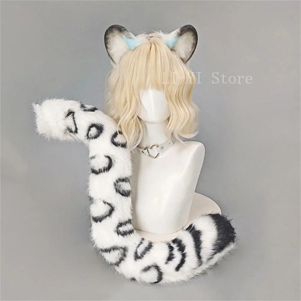 2Pcs/set Snow Leopard Ears Tail Plush Headband 80CM Furry Animal Tail Costume Accessories for Convention, Anime Cosplay  Props