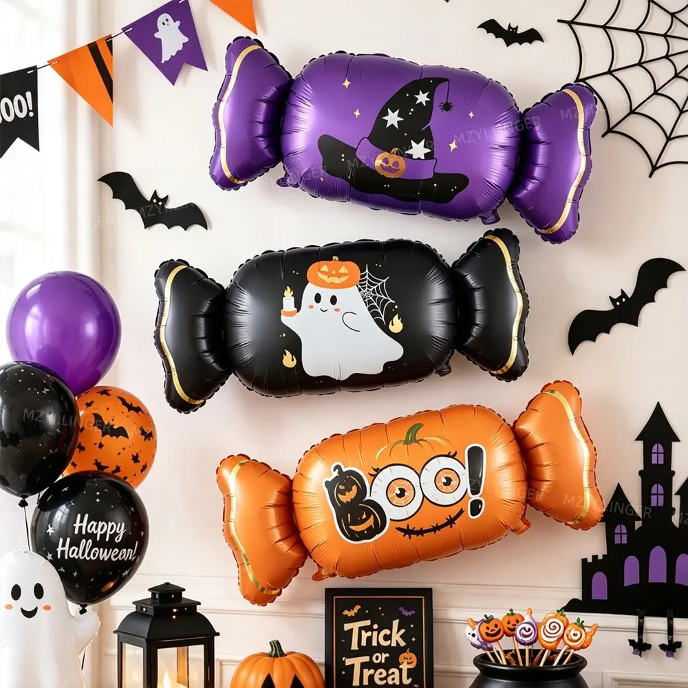 Halloween Cartoon Aluminum Foil Balloons, Matte Candy Pumpkin Ghost Balloons, Halloween Decoration Balloons, Festive Party Supplies
