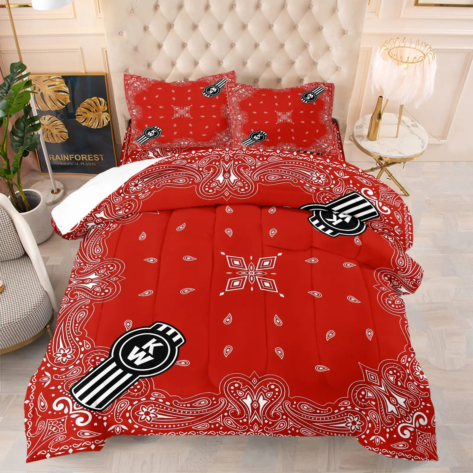 Red KW Logo Bandana Paisley Print Comforter Set, Includes 1 Comforter and 1-2 Pillowcases, Streetwear Red Bandana Frame Pattern Print, Gift for Kids, Teens and Adults, Urban Decor Gift for Hip Hop Fans, Essential for Street Style Girls
