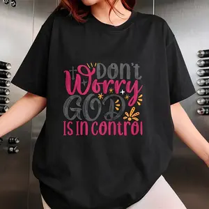 Casual Loose Knitted Short-Sleeve Sports Top, Faith-Themed Typography T-Shirt with "Don't Worry GOD Is In Control" Print, Playful Black, Pink, Orange Colors and Decorative Elements
