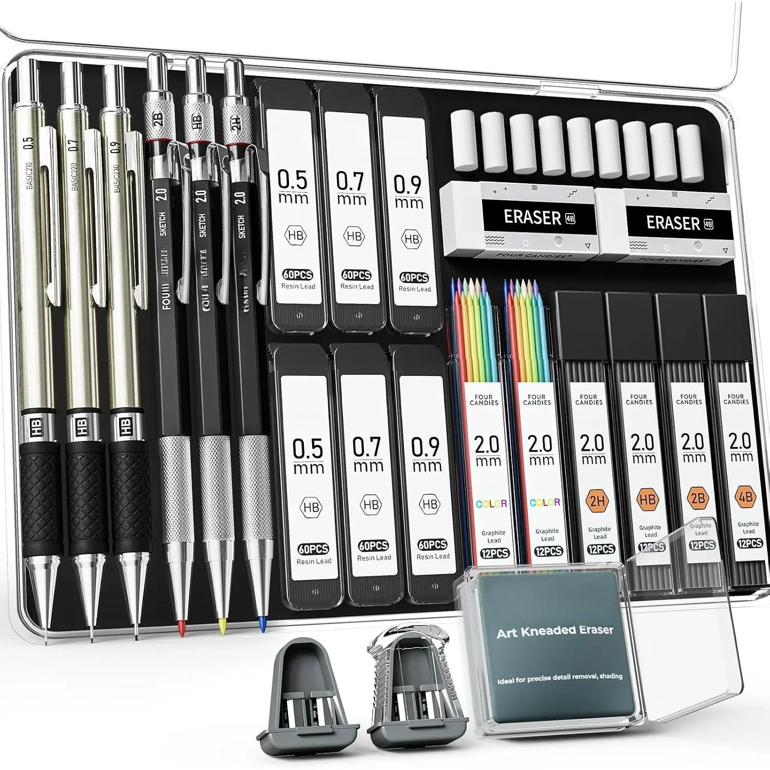25 count Mechanical Pencil Set with Case, Art Supplies with Metal Pencil 0.5, 0.7, 0.9 mm & 3 count 2mm (HB 2H 2B 4B Color) & 432 Graphite Lead Refills, Technical Drawing Kit for Teen & Adults