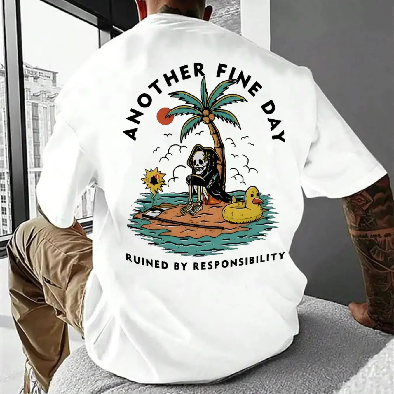 Men's Skull & Beach Print Round Neck Tee, Regular Fit Casual Streetwear Short Sleeve T-shirt, Men's Summer Top for Daily Wear, Tropical, Island, Menswear, Long, Clothes, Casual Printed