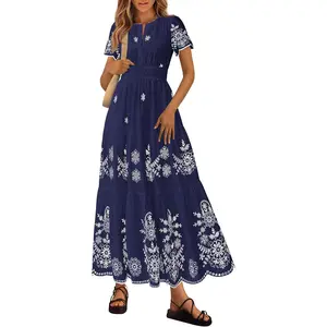 Summer Dresses for Women 2026 Floral Boho Maxi Spring Casual Short Sleeve V Neck Elastic Waist Dress Pockets