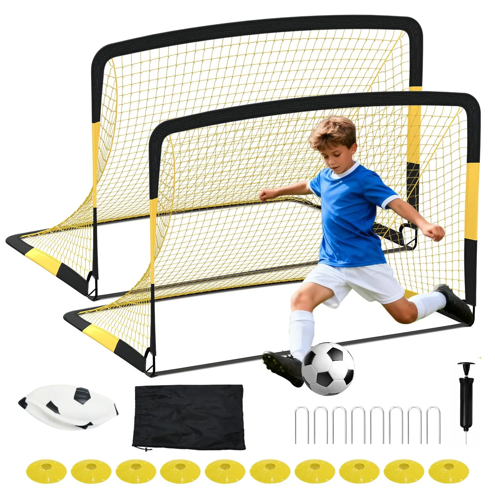Portable Soccer Goal & Rebounder Net Set - 6x4 FT & 7x5 FT Pop-Up Goals with Ball, Pump, Cones, Iron Frame & Carry Bag - Youth & Family Indoor Outdoor Training Equipment