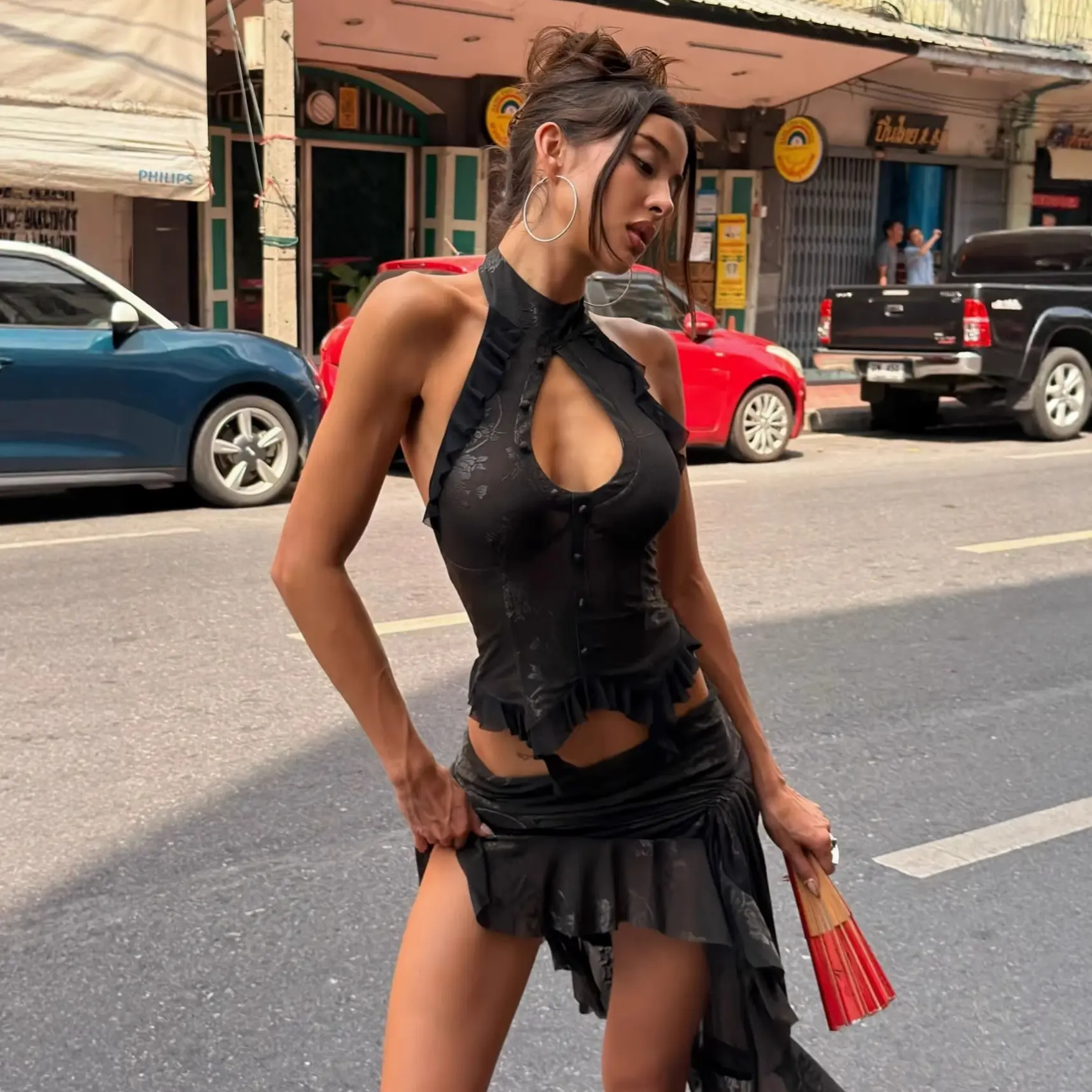 Women Halter Neck 2 Piece Outfit Jacquard Hollow Ruffle Trim Top Irregular Slit Ruffle Mini Skirt Set Party Clubwear