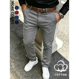 Soft natural cotton tailored slim-fit chino trousers with classic belt loops and side slip pockets, wrinkle-resistant lightweight fabric streamlined straight leg silhouette versatile daily bottom for business casual mensfashion styling