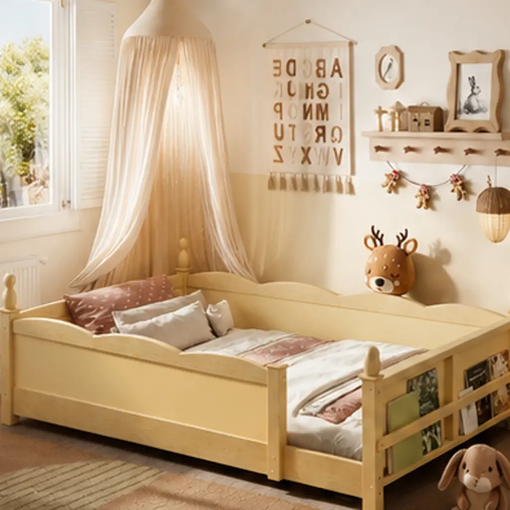 ARCH Montessori Bed for Toddlers - Twin Size Natural Pine Wood & MDF Frame, Full-Length Guardrails, Built-In Bookshelf, Childlike Design, Secure Rounded Edges, Easy Access, 78.54in L x 41.57in W x 22.05in H Nursery Furniture