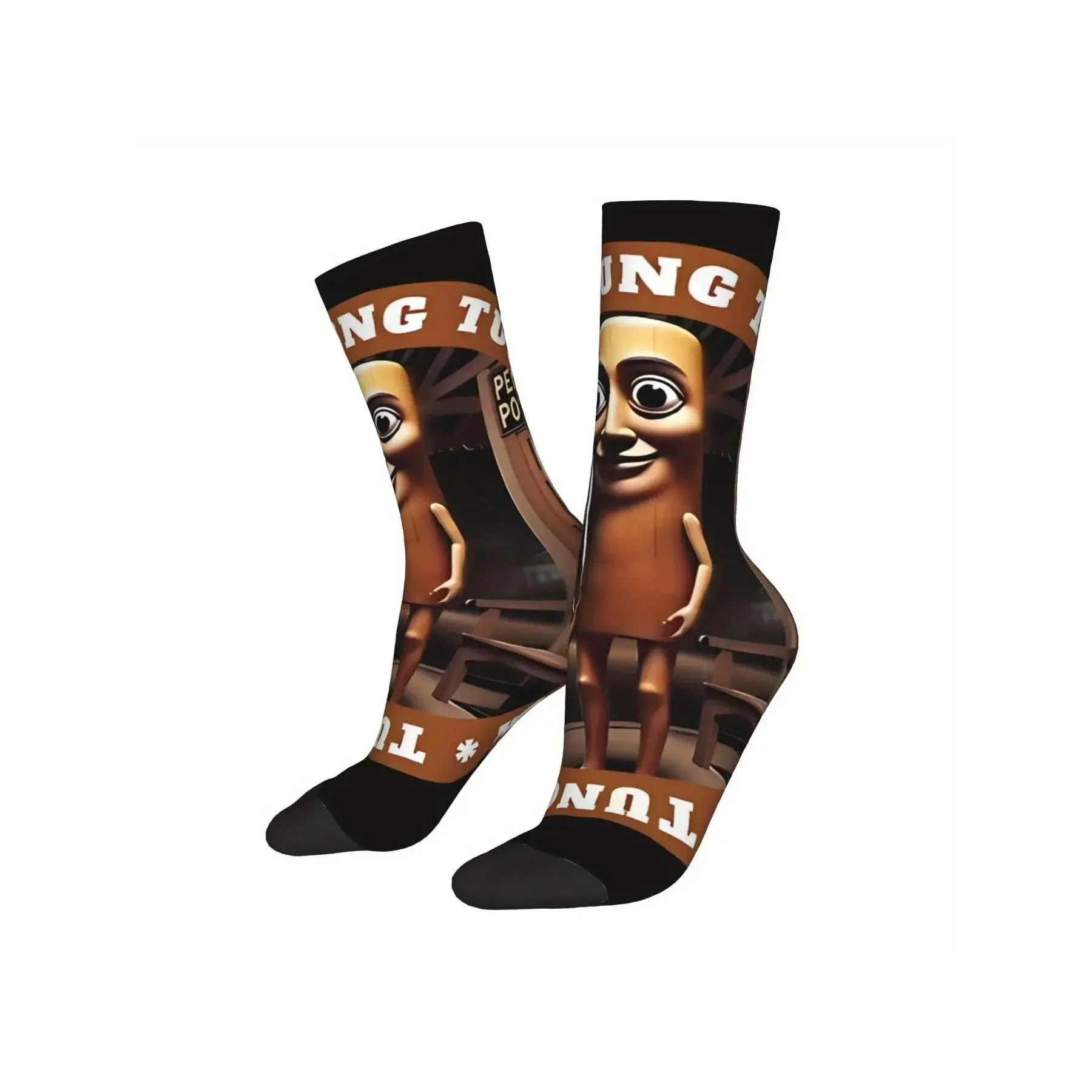 Funny Novelty Socks, Wacky Socks, Casual Stylish Socks, Casual Daily Socks, Tung Tung Tung Sahur Meme Cartoon Character All-Over Print Crew Socks, Quirky Humor Gift for Men