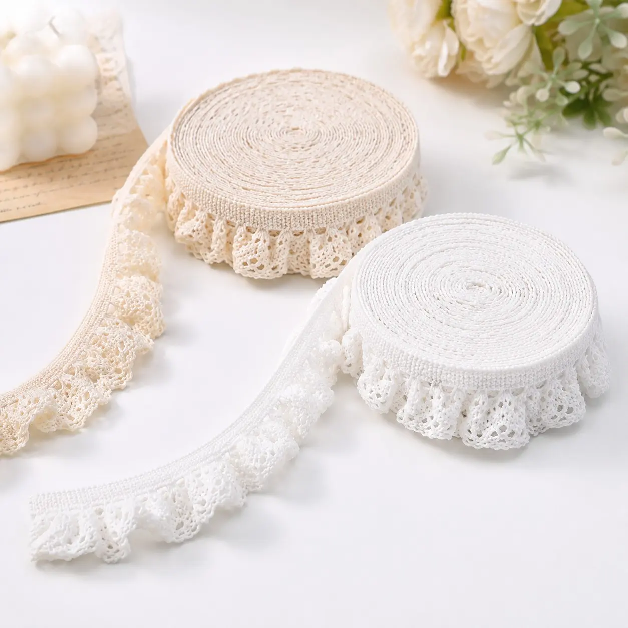 3/5/10 Yards Elastic Lace Trim Vintage Ribbon Crochet Cotton Lace Scalloped Edge for Bridal Wedding Decoration Christmas Package DIY Sewing Craft Supply