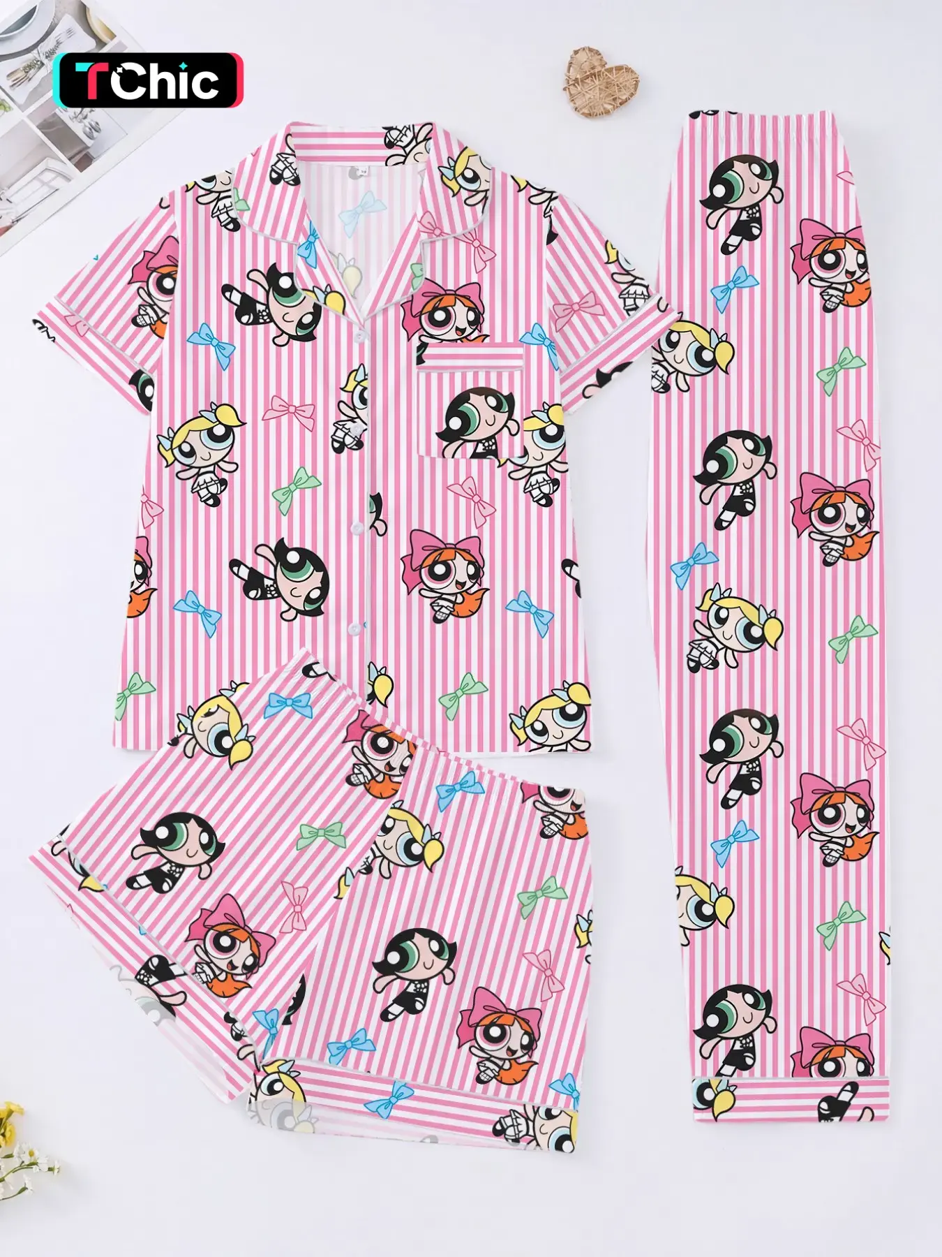 Women's 3-Piece Striped Pajama Set, Casual Cartoon Print Sleepwear, Soft Fitted Top, Elastic Shorts & Pants, Elegant Daily & Party Wear