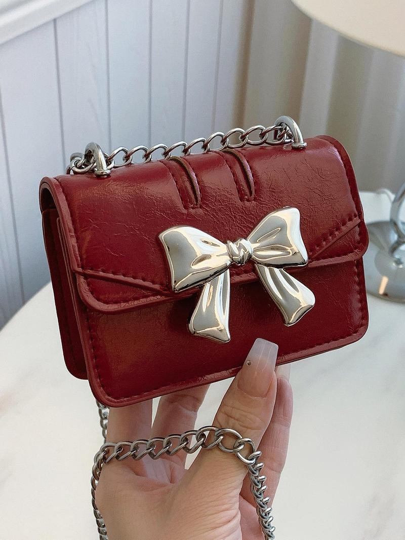 Women's Cute Bowknot Decor Crossbody Bag, Fashionable PU Leather Chain Strap Shoulder Bag for Daily Used, Casual Trendy Versatile High-quality Daily Commuting Bag, Fashionable Versatile Purse