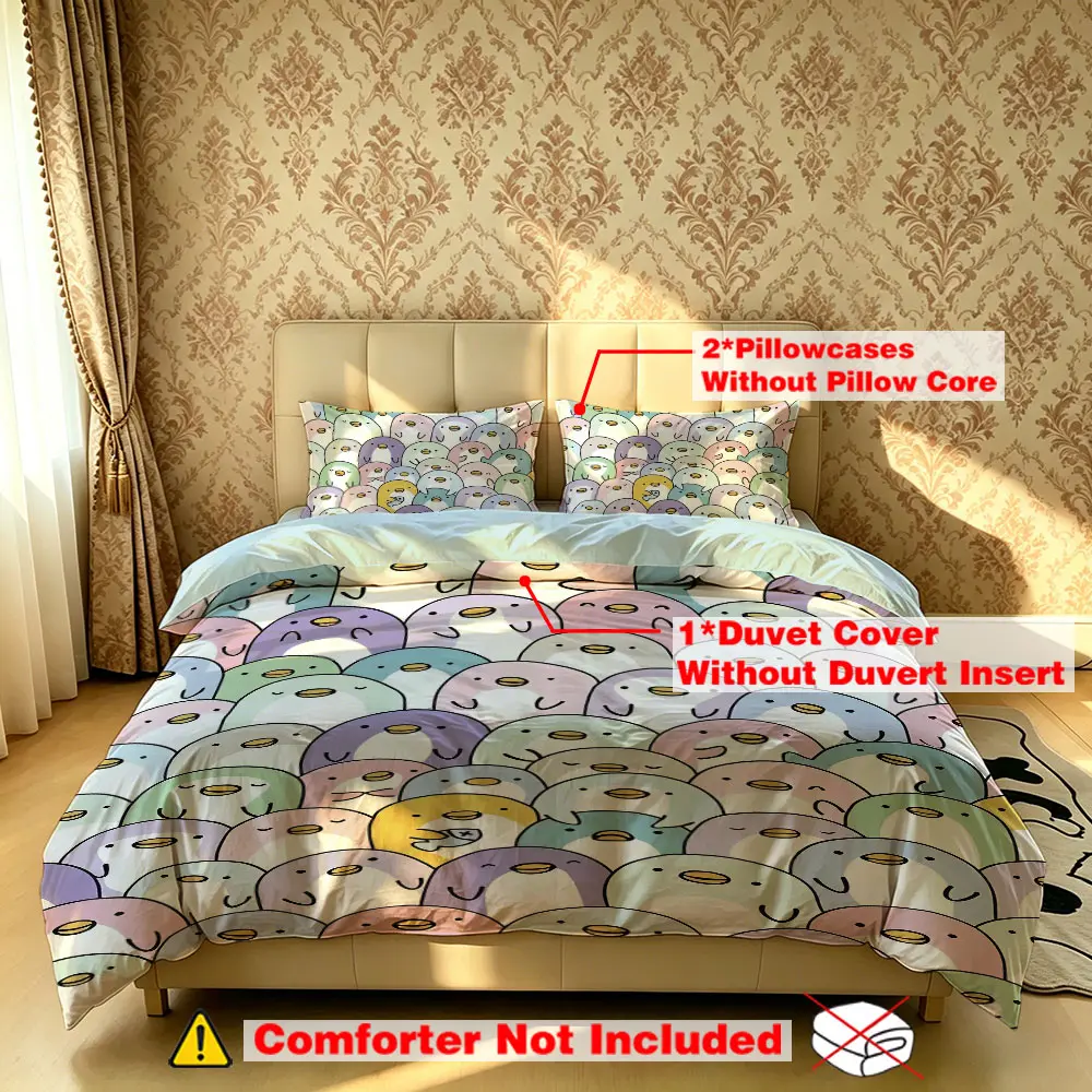 The 3-piece colorful cartoon penguin bedding set includes one quilt and two pillowcases, without filling. It's soft and comfortable, suitable for single beds and double beds, and ideal for use in bedrooms, dormitories, and hotels.
