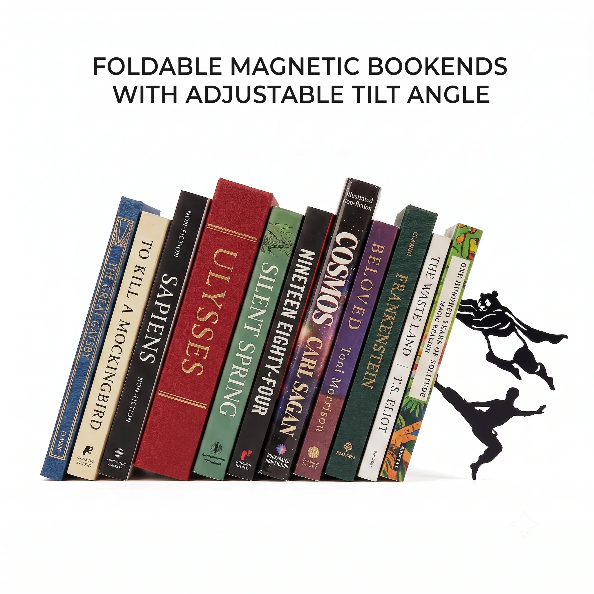 Creative Magnetic Black Bookends (Suitable for All Books), Adjustable Tilt Foldable Metal Book Ends with DIY Kung Fu & Panda Figures, Non-Slip Desk Decor, Perfect for Bedrooms, Offices, and Student Dorms, Also a Great Gift