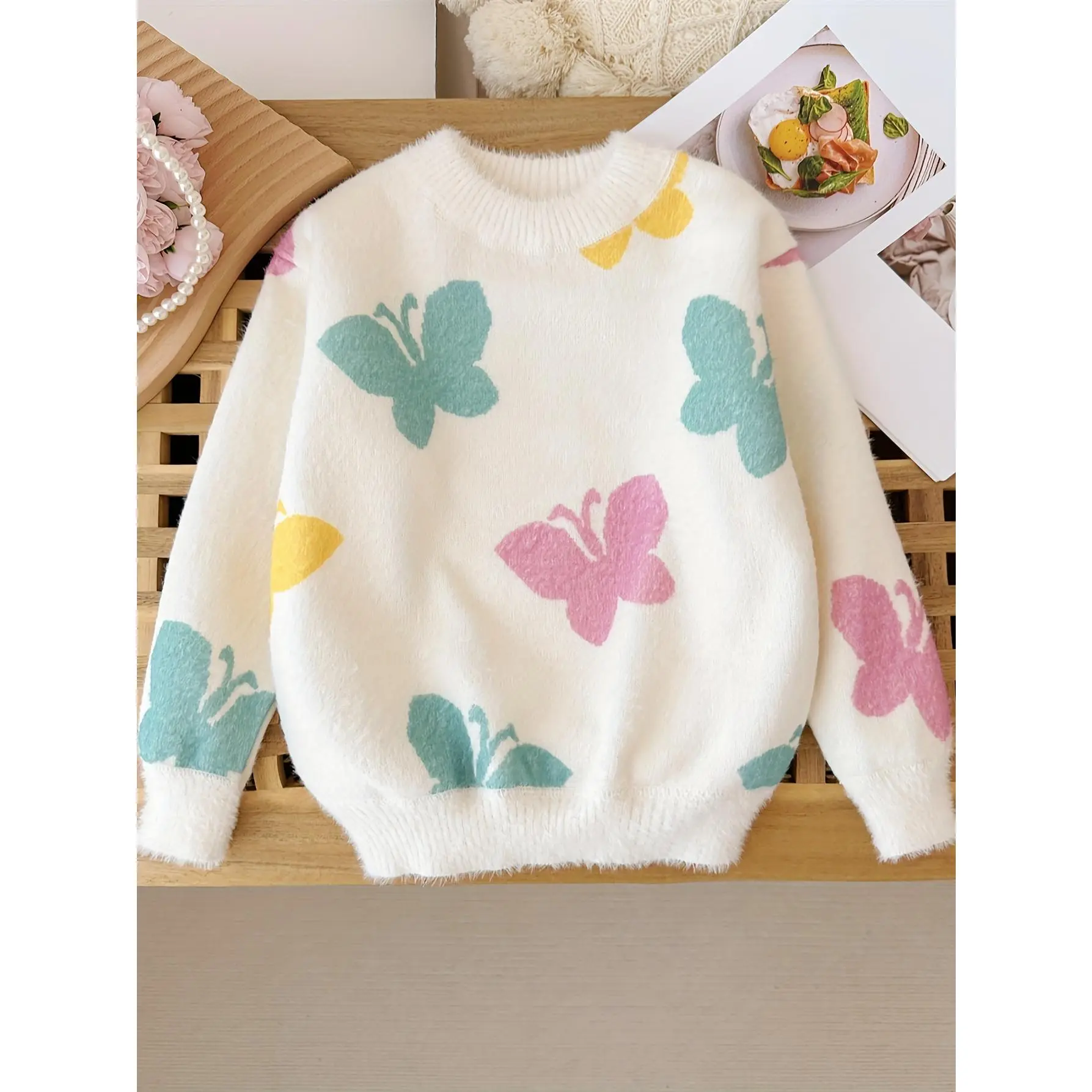 Girls' Knitted Pullover Sweater, Autumn and Winter Faux Mink Fur Lined Thick Warm Butterfly Pullover Sweater