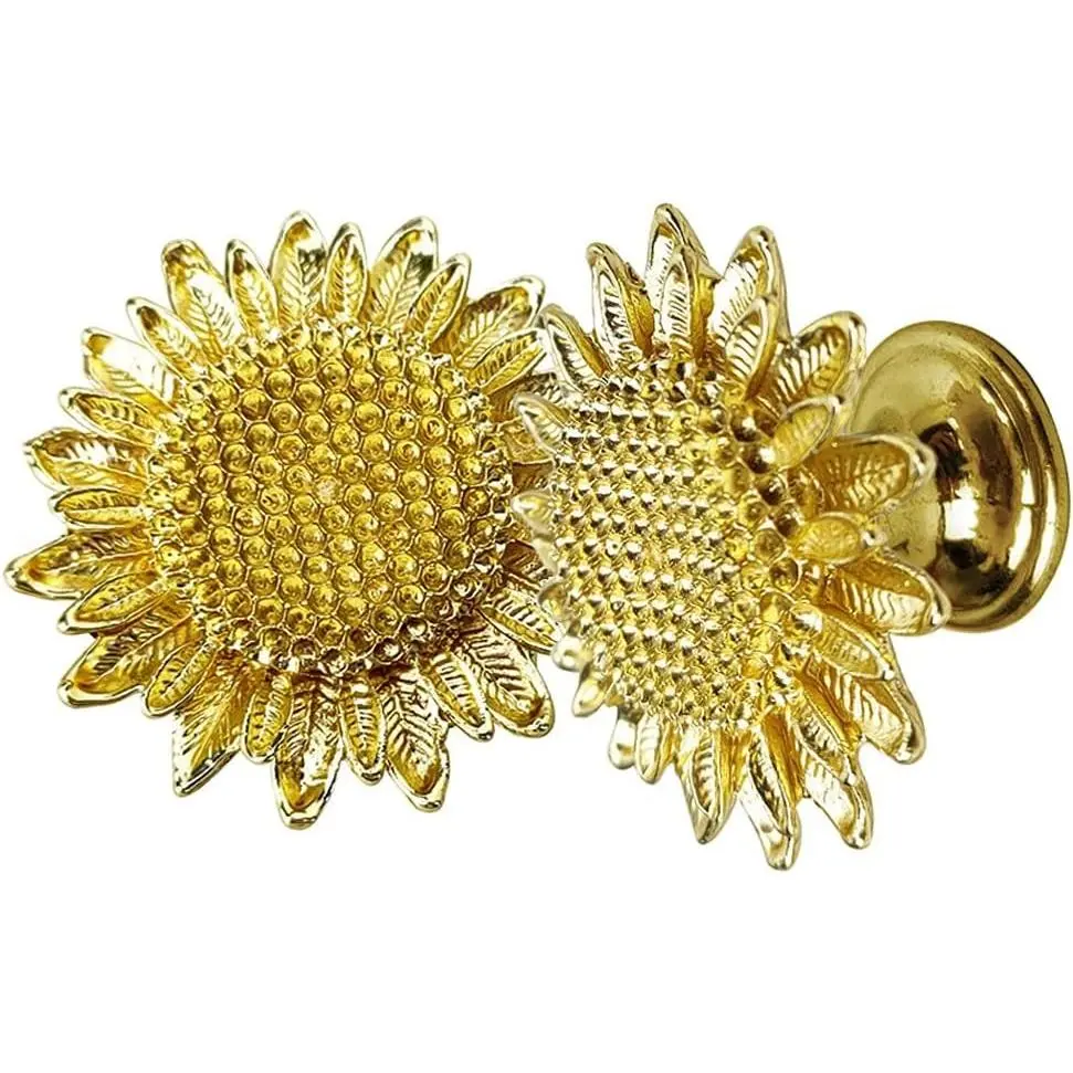 2 Pcs Gold Sunflower Cabinet Knobs Flower Shaped Drawer Pulls Handles
