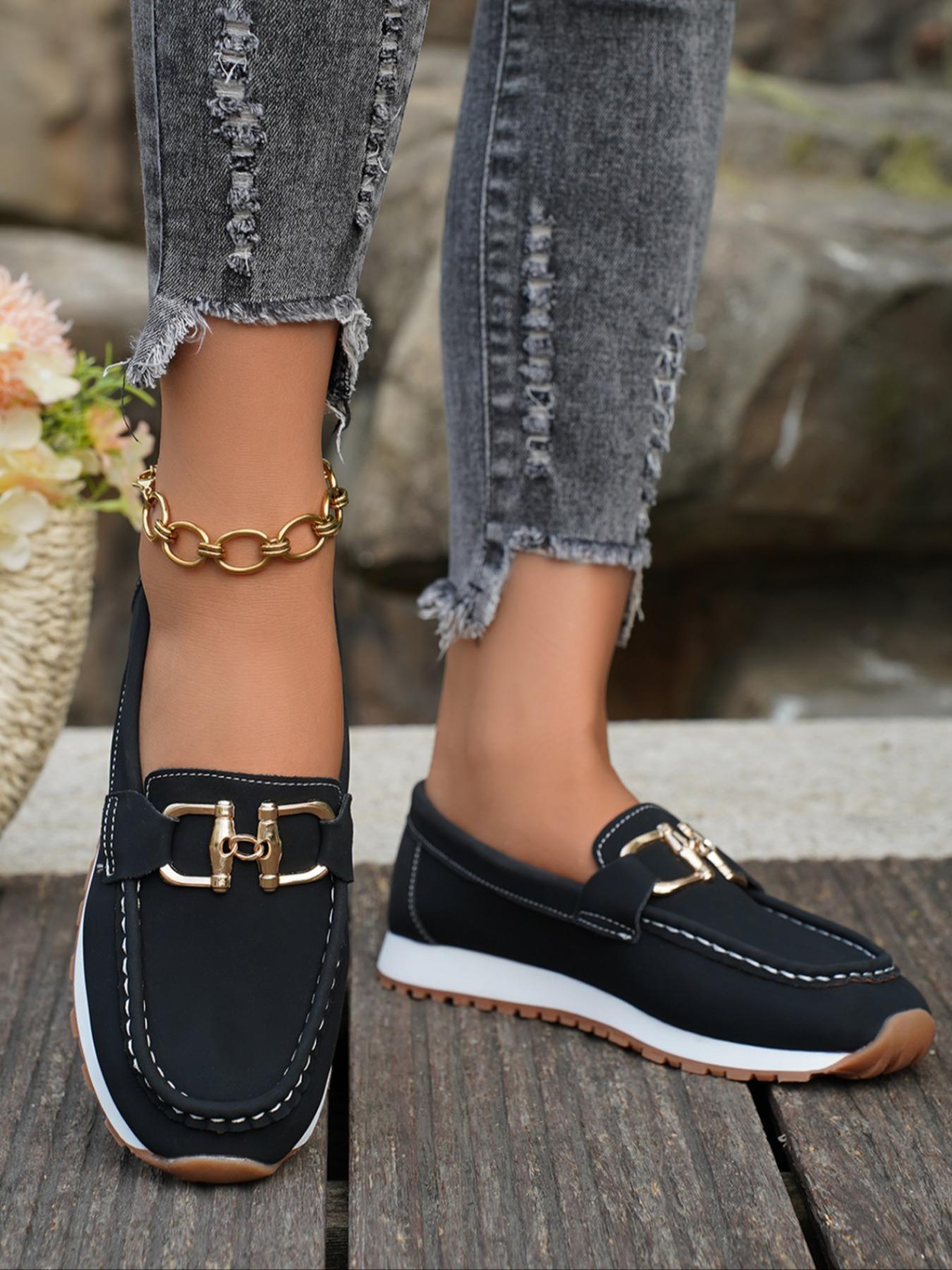 Women's Casual Slip-On Round Toe Loafers, PU Leather Comfortable Wedge Heel Shoes, Metal Buckle Decor, All Season Footwear