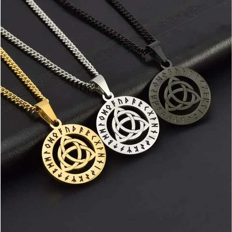 Titanium steel necklace triangle knot Viking rune round hollow necklace men's daily wear gift