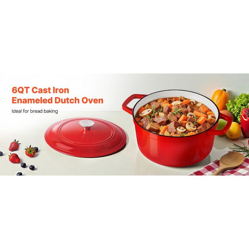 Summervibes VEVOR Enameled Cast Iron Dutch Oven, 6 Quart Pot with Lid and Dual Handles, Heavy-Duty Durable Cookware Pan, Oven Induction Compatible up to 500, for Braising, Stews, Roasting, Bread Baking, Red