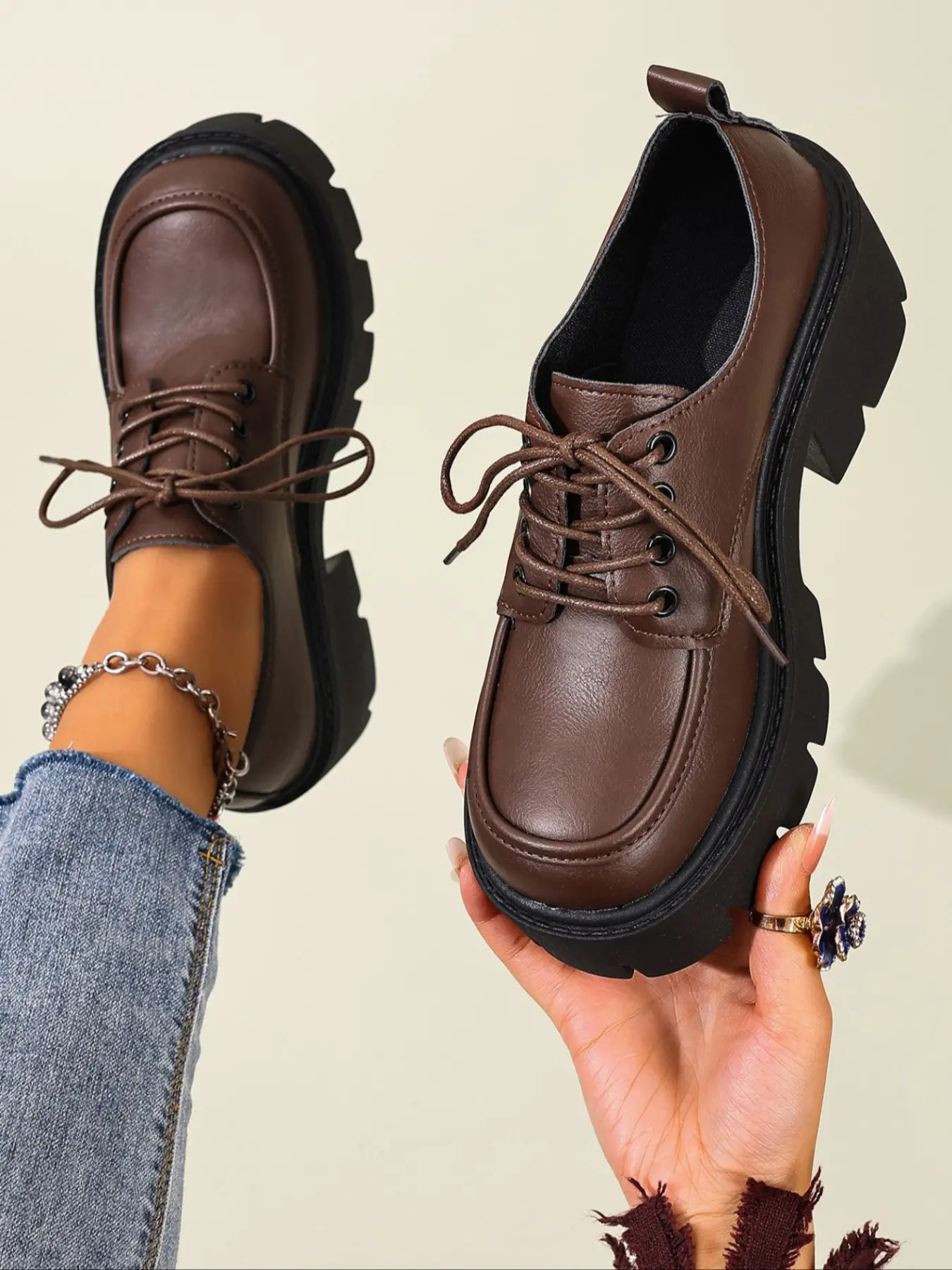 Women's Faux Leather Lace Up Round Toe Chunky Serrated Lug Sole Platform Oxford Shoes, Preppy JK Vintage Block Heel Derby Loafers #platformoxfords #jkfootwear #vintageloafer #chunkyheels #campusshoes