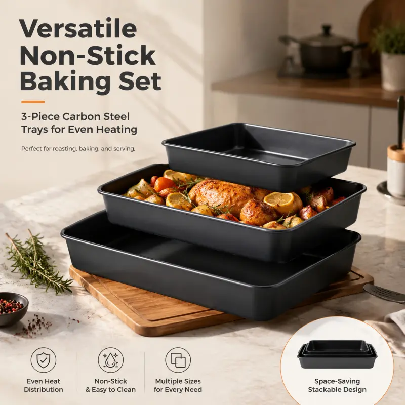 3 piece carbon steel non stick baking tray set stackable rectangular roasting pan even heat distribution for cake cookie meat vegetable baking roasting Bakeware