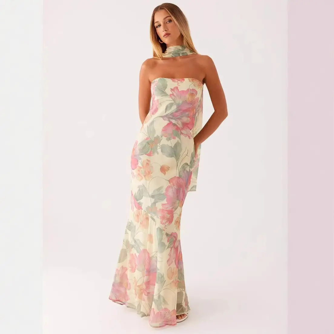 Tea break beautiful French temperament floral multi-color suspender seaside vacation fishtail dress waist Sanya thin sand
