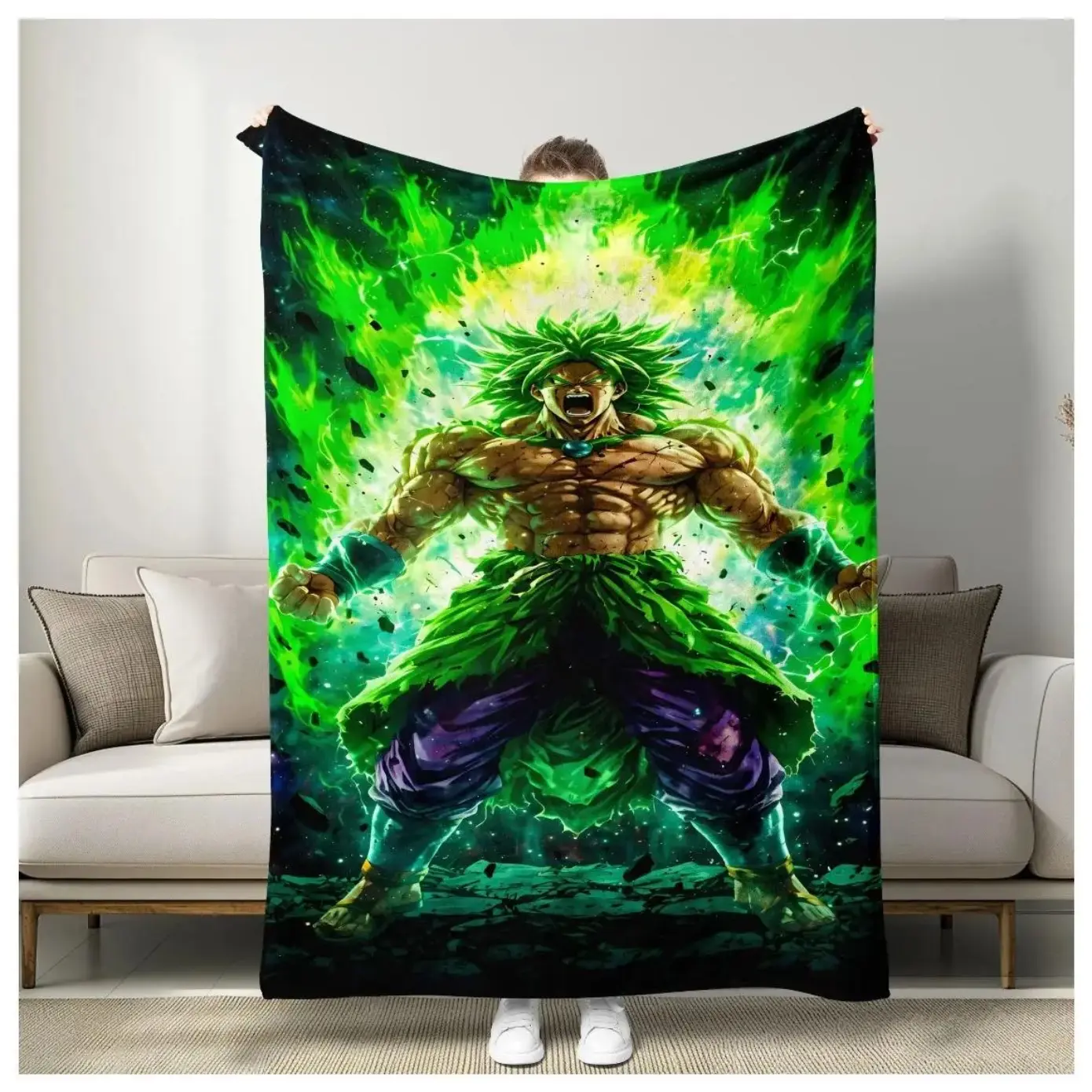 Super Broly Ultra Form Battle Blanket, Dark Starry Sky & Bursting Flame, Muscle Straining Body, Precision Role Reenactment, Cozy Throw Blanket, Soft Lightweight Flannel Napping Blanket for Gaming Room Sofa Travel Camping, All Season Anime Fan Decor Blanke