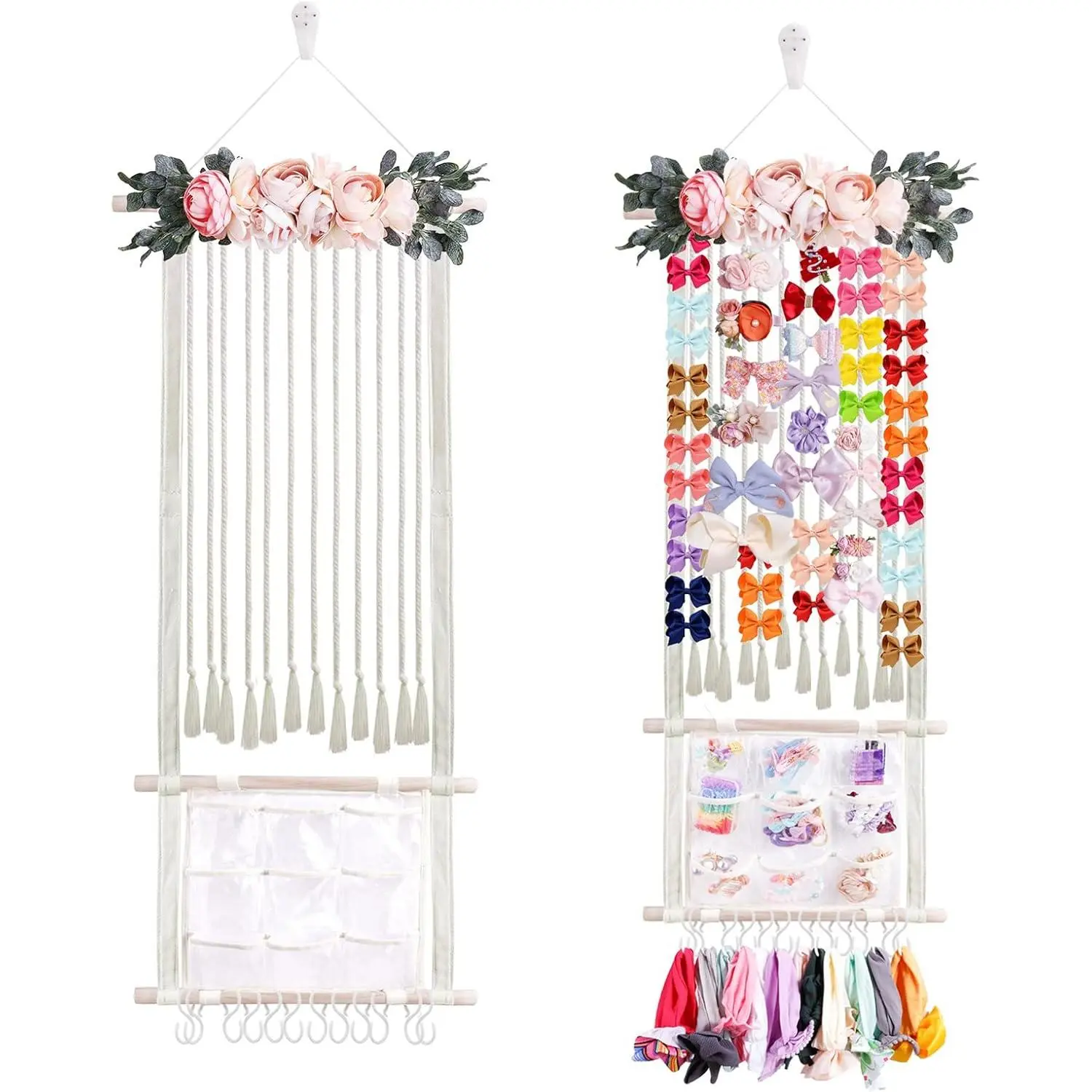 Hair Bows Holder Headband Organizer for Girls, Hair Clips Hanger Storage with Hooks, Wall Hanging Decor for Nursery Room